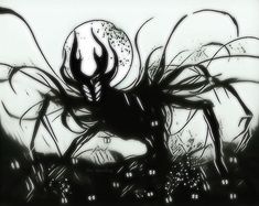 a black and white drawing of a spider in the middle of an image with lots of splots on it