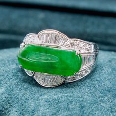 Jade, the stone of heaven. 🌌 Ladies Diamond Rings, Jade Ring, Baguette Cut Diamond, Baguette Diamond, Brilliant Diamond, Precious Metals, Prong Setting, Diamond Rings, Colored Diamonds