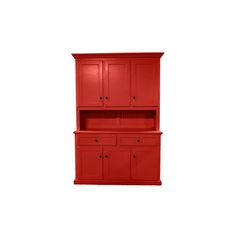 a red cabinet with two doors and drawers on the bottom, against a white background