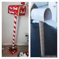 there is a mailbox that has been decorated like a candy cane