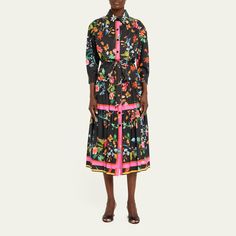 Rickie Freeman for Teri Jon tiered midi shirtdress in a floral print with striped details Approx. 47"L from shoulders to hem Spread collar; button front 3/4 sleeves; button cuffs Back yoke Waist self-tie Hem falls below the knee A-line silhouette Cotton/elastane Dry clean Imported Multicolor 3/4 Sleeve Midi Dress For Spring, Spring Multicolor Midi Dress With 3/4 Sleeves, Spring Shirt Dress With Button Cuffs, Evening Flats, Cocktail Jacket, Lingerie Sleepwear, Sweater Skirt, Coat Dress, Formal Wear