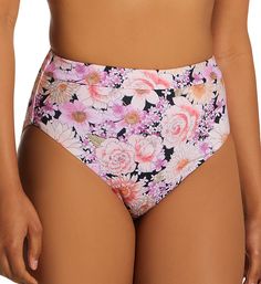 Pusher Banded High Leg/Rise Swim Bottom Multi L High-waisted swim bottom features a flowery print and high-cut leg openings for a flattering outline. Made of recycled polyester and spandex. Band is set into top of waist to emphasize hourglass shape, and has covered elastic at the rim for fit. Seamless rear. Leg openings curve over top of hips, with covered elastic hems to retain fit. High rise. Full rear coverage. Fabric info tags at inner back of waist. Completely lined with sleek microfiber, w Floral Print Stretch Bottoms For Pool, Stretch Floral Print Bottoms For Pool, Poolside Floral Print Fitted Bottoms, Beach Stretch Bottoms With Floral Print, Stretch Floral Print Beach Bottoms, Floral Print Fitted Bottoms For Poolside, High Waist Floral Print Swimwear For Swimming, Spring Floral Print Swim Bottoms, Floral Print Spring Swim Bottoms