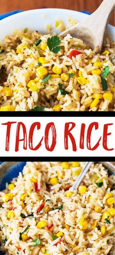 two pictures showing different types of rice in a bowl and on the same plate, with text overlay that reads taco rice