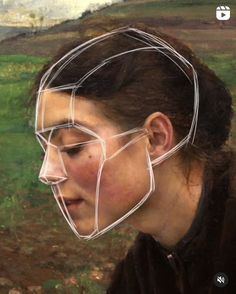 a painting of a woman with a wire mask on her head, looking down at the ground