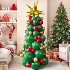 a christmas tree made out of balloons in a living room