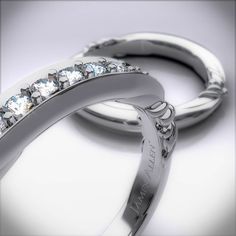 14k White Gold Pave Graduated Wedding Band. A nest of graduated pave diamonds are delicately balanced amid sculpted flower side accents. aka Matching Bands Matching Band, Pave Diamonds, Ring Sets, Wedding Band, Loose Diamonds, Wedding Bands, Platinum, Wedding Rings, Diamonds