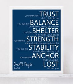 a blue and white poster with the words trust, balance, and strength on it