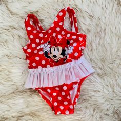 3-6 Month Swimsuit; Washed Once In Free & Clear Never Worn Red Fitted Bodysuit For Playtime, Red Fitted Bodysuit For Casual Wear, Cute Red Fitted Bodysuit, Cute Fitted Red Bodysuit, Cute Red Swimwear For Playtime, Cute Red Fitted Onesie, Cute Fitted Red Onesie, Disney Princess Swimsuit, Disney Swimsuit