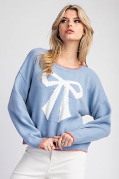 Denim Bow Stitch Long Sleeve Sweater Top Winter Sweater With Contrast Trim, Fall Long Sleeve Sweater With Contrast Trim, Casual Winter Sweater With Contrast Trim, Winter Long Sleeve Tops With Contrast Trim, Casual Sweater With Contrast Trim For Fall, Casual Fall Sweater With Contrast Trim, Denim Bows, Baby Blue Sweater, Casual Shorts Men