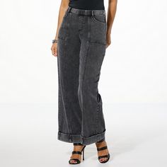 C Wonder by Christian Siriano Wonder Stretch Cuffed Jean  A trouser-style fit makes this versatile, wide-leg jean ideal for date nights and casual days alike. The super stretch denim with cuffed detail provides an easy, polished, flattering fit that's easy to wear. Knit Denim, Cuffed Jeans, Date Nights, Christian Siriano, Trouser Style, Draped Fabric, Black Media, Denim Fashion, Stretch Denim