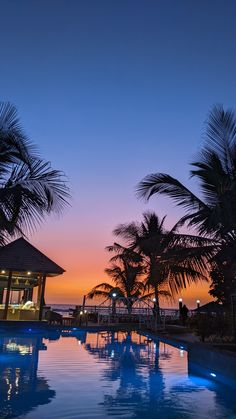 an outdoor swimming pool surrounded by palm trees at dusk with the sun setting in the distance