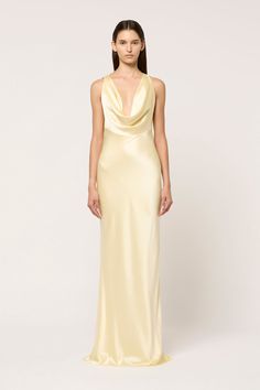 DRAPE FRONT MAXI DRESS - PALE YELLOW - MICHAEL LO SORDO Pastel Yellow Bridesmaid Dresses, Light Yellow Dresses, Silk Yellow Dress, Cute Online Clothing Stores, Silk Drapes, Prom Dress Inspo, Slip Maxi Dress, Yellow Gown, Yellow Bridesmaid Dresses