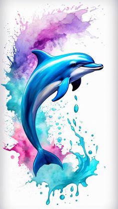 a dolphin jumping out of the water with paint splatters on it's back