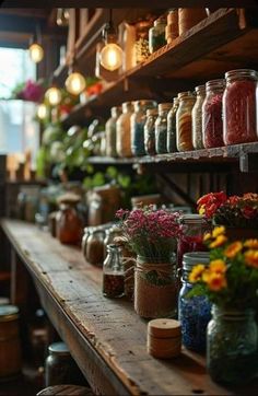 jars filled with flowers sit on a shelf in front of other mason jars and vases