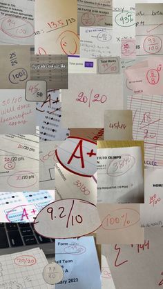 many pieces of paper with writing on them