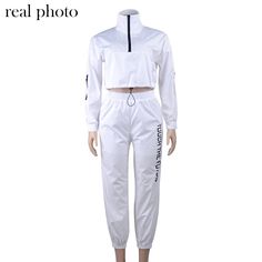 JUKPOP Letter Print Casual Workout Two Piece Set Women Fashion Zipper Long Sleeve Outfits Sporty Active Wear Top And Pants Set JKP3487 Casual White Pants With Zipper Closure, White Casual Pants With Zipper Closure, White Sets For Streetwear, Outfits Sporty, Long Sleeve Outfits, Crop Top Sweatshirt, Polyester Pants, Top And Pants Set, Yoga Set