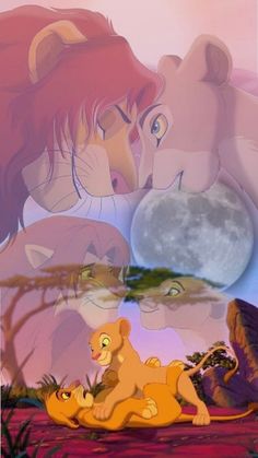 the lion king and his cubs are in front of a full moon with their faces close together