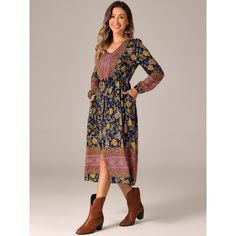 Suitable for summer gatherings, outdoor events, or casual outings, this floral midi dress is a must-have for those seeking a stylish and effortless outfit option. The puff long sleeves add a romantic style, while the V-neckline offers a flattering neckline. The elastic waist ensures a comfortable fit and defines your silhouette. The split A-line design adds movement and flow to the dress. Made from 100% rayon, it is soft and comfortable to wear. The floral print pattern enhances its aesthetic ap Printed Floral Dress For Fall Vacation, Knee-length Boho Print Midi Dress For Vacation, Casual Boho Print Midi Dress For Day Out, Casual Midi-length Floral Dress For Vacation, Casual Midi Floral Dress For Vacation, Casual Ditsy Floral Print Midi Dress For Fall, Casual Midi Dress With Ditsy Floral Print For Fall, Casual Maxi Dress With Boho Print, Casual Boho Print Midi Dress For Fall