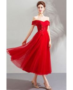 Gorgeous Red Off Shoulder Tulle Tea Length Party Dress Formal Wholesale #T69003 - GemGrace.com Red Homecoming Dresses Mid Length, Affordable Formal Dresses, Homecoming Dresses Cheap, Off Shoulder Tulle, Midi Prom Dress, Party Dress Formal, Red Christmas Dress, Cheap Homecoming Dresses, Dior Dress