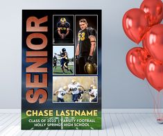 a graduation card with photos of football players and balloons