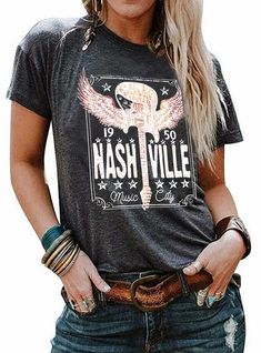 PRICES MAY VARY. ♫ T-Shirt Tops Features: Nashville vintage style tshirt. Trendy country music city shirt with a little boho shirt tee, retro guitar wings graphic tees show your rock 'n' roll and country spirit. Girls trip to nashville shirts, country concert t shirt, band music patry shirt, casual loose tees, short sleeve shirt tops, letter print shirt. ♫T-Shirt Tops Material: This nashville music t-shirt is 80%cotton+59%polyester, soft comfortable ,high quality boutique, constructed of a light Nashville Shirts, Country Tops, Country Music Shirt, Vintage Graphic Tees, Country Music Shirts, Country Concert, Graphic Tees Vintage, Boho Shirts, Concert Tshirts