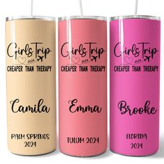 three different colored tumbles with names on them