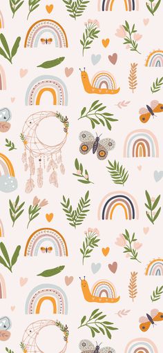 an image of a pattern with birds and rainbows on the back ground in pastel colors