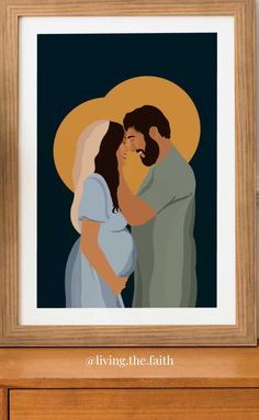 a painting of a man and woman embracing each other with the words living the faith above them