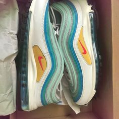 Men Size 8 - Nike Air Max 97 Laser Blue/Siren Red/Washed Teal/White. Comes With Box!!! Nike Air Max 97 Red White And Blue, Shoes Nike Air, Nike Air Max 97, White Nikes, Air Max, Nike Air Max, Nike Men, Nike Shoes, Nike Air