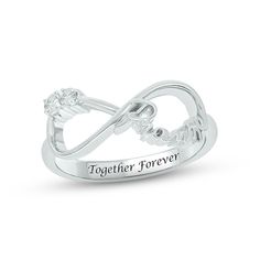 Seal your commitment with this lovely promise ring, featuring an infinity symbol crafted in sterling silver. The word "promise" is sculpted in swirling letters on one side, while two shining white lab-created sapphires gleam on the other. The inside of the band is engraved with a message of your choosing – up to 16 letters in length – for a personal touch. Kay Promise Ring, Promise Rings Meaning Silver, White Lab, Infinity Symbol, Together Forever, Ring Sterling Silver, Promise Ring, Sterling Ring, Promise Rings