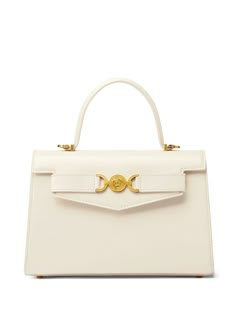 white calf leather Medusa plaque detail logo stamp to the rear gold-tone hardware foldover top with magnetic fastening adjustable detachable shoulder strap single flat top handle main compartment internal slip pocket internal logo stamp metal feet White Top Handle Bag, Turkey Shopping, Versace Bag, Gold Handbag, Expensive Bag, Best Designer Bags, Girly Bags