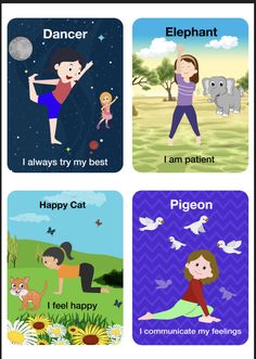 four different types of yoga cards with the words happy, i am happy, and elephant