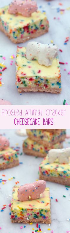 frosted animal cracker cheesecake bars with sprinkles