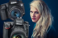 a woman with long blonde hair is holding a camera and looking at the camera lens