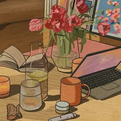 an open laptop computer sitting on top of a wooden table next to a vase filled with flowers