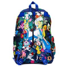 WondaPop Disney Nylon Backpacks are known for their whimsical Disney prints and designs. This beautiful, colorful backpack features bright lifelikeimages of Alice in Wonderlandincluding appearances from the Mad Hatter, the Cheshire Cat and the White Rabbit. The bag hasfabric straps for putting pins on. Disney Themed Multicolor Bags For Fan Events, Themed Multicolor Bags For Disney Fan Events, Themed Multicolor Backpack For Theme Park, Disney Backpack For Theme Park And Back To School, Disney Character Print Backpack, Themed Travel Backpack, Back To School Backpack For Disney Fan Events, Disney Style Standard Backpack, Disney Backpack For School