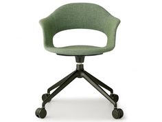 an office chair with wheels and green upholstered seat, on a white background