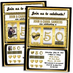 two vegas themed birthday party cards with gold foil