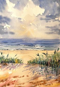 watercolor painting of beach scene with grass and clouds