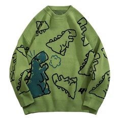 Dinosaur Sweater, Dinosaur Cartoon, Top Streetwear Brands, Pull Oversize, Streetwear Mode, Korean Fashion Women, Pattern Sweater, 가을 패션, Loose Sweater