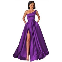 a woman in a purple dress with one leg slited up and her hand on her hip