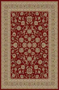 a red rug with white and beige accents