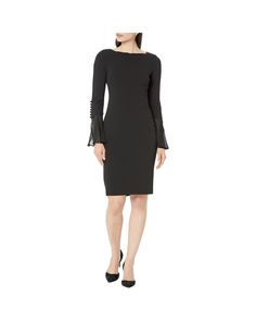 Calvin Klein Chiffon Bell Sleeve Sheath Dress | Zappos.com Elegant Bell Sleeve Formal Dress, Elegant Calvin Klein Office Dress, Elegant Calvin Klein Dress For Office, Elegant Knee-length Dress With Button Back, Fitted Office Dress With Sheer Sleeves, Fitted Dress With Sheer Sleeves For Office, Elegant Calvin Klein Sheath Dress, Calvin Klein Long Sleeve Office Dress, Calvin Klein Long Sleeve Formal Dress