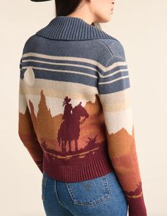 The Pendleton Western Scenic Cardigan women's sweater features a beautifully executed continuous Western landscape that carries from front to sleeves to back. Contrast ribbed shawl collar, and button placket. Material: 100% cotton Contrast Collar Sweater Womens, Western Sweaters, Western Landscape, Long Sleeve Kids, Boys Bottoms, Boys Pajamas, Cotton Cardigan, Shawl Collar, Kids Tops