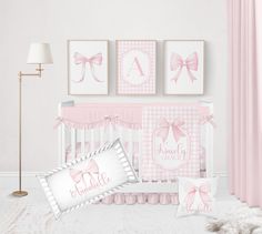 Made just for your little darling, you're going to LOVE this personalized baby girl pink bow crib bedding set! Perfect for any baby girl nursery bedding, personalize this gingham pink bow baby girl crib bedding set with your baby girl name and initial on these personalized baby girl crib bedding pieces and coquette nursery decor items for an adorable addition to your baby girl pink nursery, pink bow nursery, or gingham nursery! ♥ AVAILABLE CRIB BEDDING SIZES All of my crib bedding sets are avail Coquette Nursery Room, Pink Gingham Nursery, Pink Bow Nursery, Coquette Nursery, Gingham Nursery, Bow Nursery, Baby Girl Crib Sheets, Pink Crib Bedding, Baby Girl Crib Bedding Sets