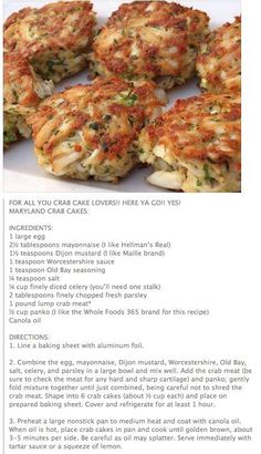 the recipe for crab cakes is shown here