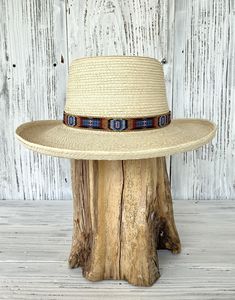 Reata style with adjustable southwest pattern hatband. 3 1/2" brim - pick your size and band style. Natural Bohemian Boater Hat For Kentucky Derby, Bohemian Natural Boater Hat For Kentucky Derby, Natural Brimmed Hat For Country Events, Bohemian Natural Hat For Kentucky Derby, Natural Bohemian Hat For Kentucky Derby, Natural Color Bohemian Hat For Kentucky Derby, Handwoven Flat Brim Hat For Rodeo, Western Style Handwoven Fedora With Flat Brim, Adjustable Natural Boater Hat For Country Events