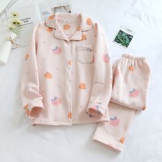 size: L, Color: Pink Peach Heart Ladies Pajamas, Cotton Pajama Sets, Blue Peach, Cat Colors, Pink Peach, Cotton Pyjamas, Pajamas Women, Autumn And Winter, Types Of Collars