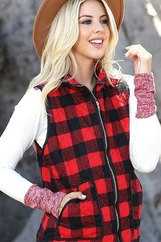 COTTON PADDED VEST RED . BACK IN STOCK Black Vest Outfit, Checker Vest, Cute Christmas Outfits, Vest Outfit, Padded Vest, Plaid Vest, Fall Clothes, Black Vest, Quilted Vest