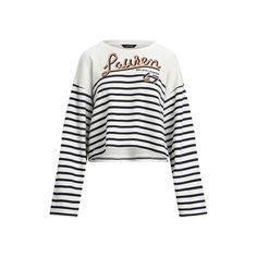 Reflecting the season’s nautical-inspired aesthetic this crewneck sweatshirt showcases horizontal stripes and a “Lauren Ralph Lauren 67”–embroidered logo at the chest. With a relaxed slightly cropped silhouette and dropped shoulders this layer is made with cotton French terry for a cozy feel. Casual Ralph Lauren Tops With Embroidered Logo, Ralph Lauren Cotton Tops With Embroidered Logo, Fall College Sweatshirt With Contrast Stripes, Sporty Striped Crew Neck Sweatshirt, Cotton Sweatshirt With Contrast Stripes And Crew Neck, Cotton Crew Neck Sweatshirt With Contrast Stripes, White Sweatshirt With Contrast Stripes For Spring, White Contrast Stripes Sweatshirt For Spring, White Spring Sweatshirt With Contrast Stripes